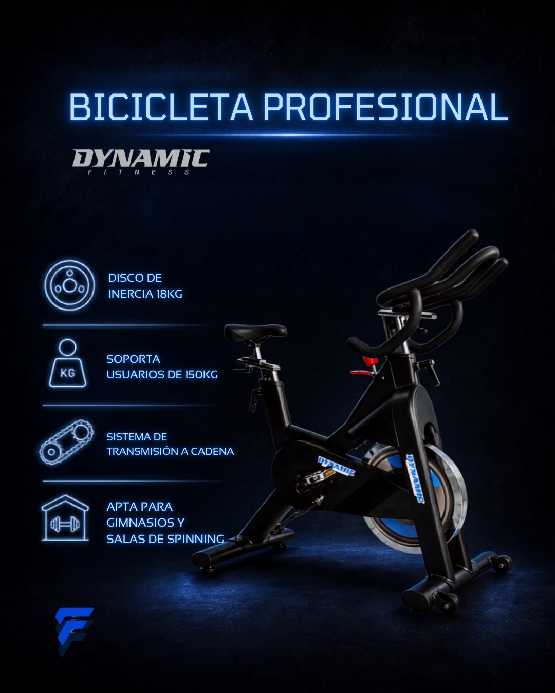 Bicicleta profesional sobre fondo oscuro con detalles técnicos destacados en azul